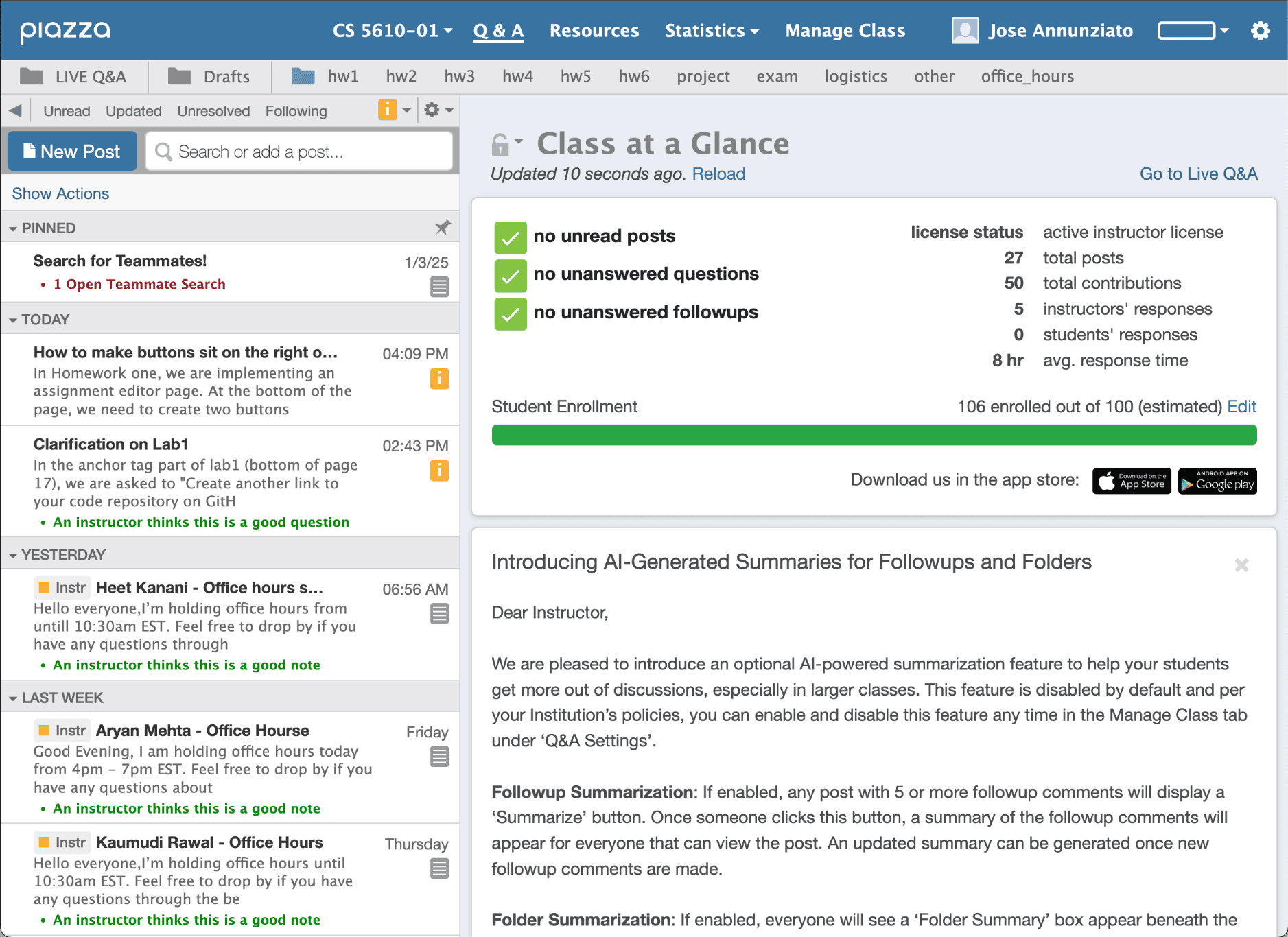 Pazza Questions and Answers screen showing the navigation bar, folder filters, post list, and post pane.