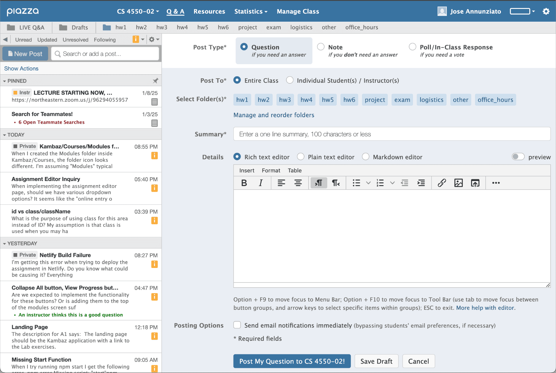 New Post screen for a question, including Post To, folders, summary, and details.